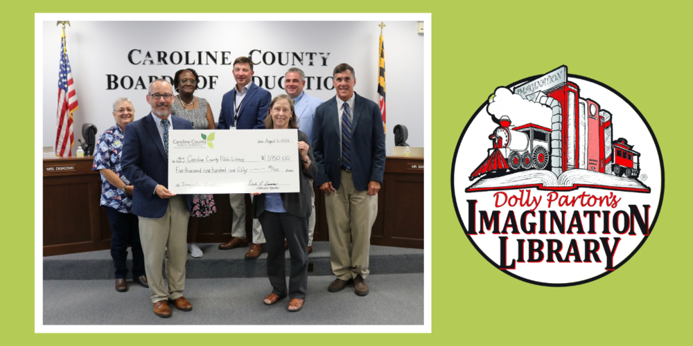 People posing with large check; Imagination Library logo