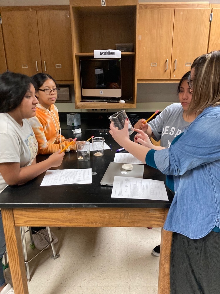 students work with teacher in lab 
